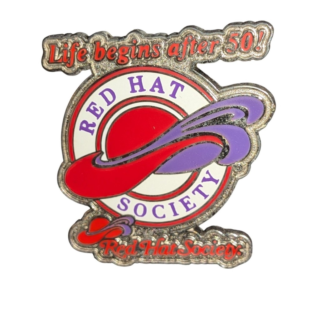 Red Hat Society Life Begins After 50 Enamel Lapel Pin Red Purple Silver Tone